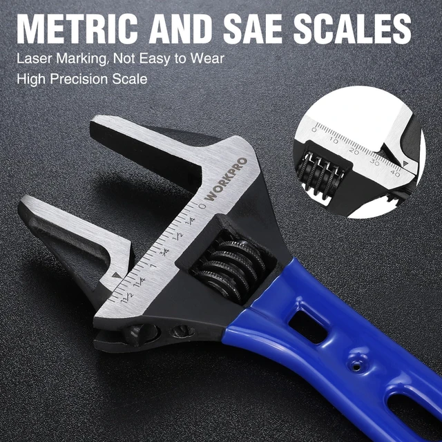 Alt view image 6 of 7 - 6-Inch Stubby Adjustable Wrench, 1.5-Inch Extra Wide Jaw Opening Metric/SAE Scales, Cr-V Steel, Ideal for Confined Spaces