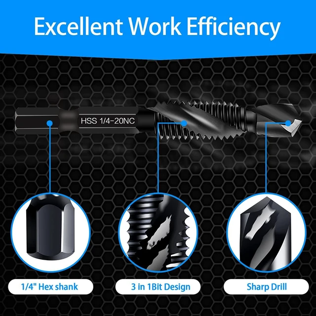 Alt view image 3 of 7 - 6-Piece 10-32NC Combination Drill Tap Countersink Bit Set SAE, Made of High-Speed Steel with Anti-Rust Blackened Coating, Ideal for Soft Metal, Wood & Plastic, 10-32NC Thread Size, 1/4 Hex Shank