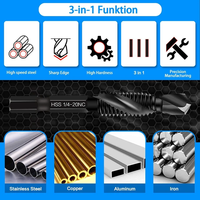Alt view image 4 of 7 - 6-Piece 10-32NC Combination Drill Tap Countersink Bit Set SAE, Made of High-Speed Steel with Anti-Rust Blackened Coating, Ideal for Soft Metal, Wood & Plastic, 10-32NC Thread Size, 1/4 Hex Shank