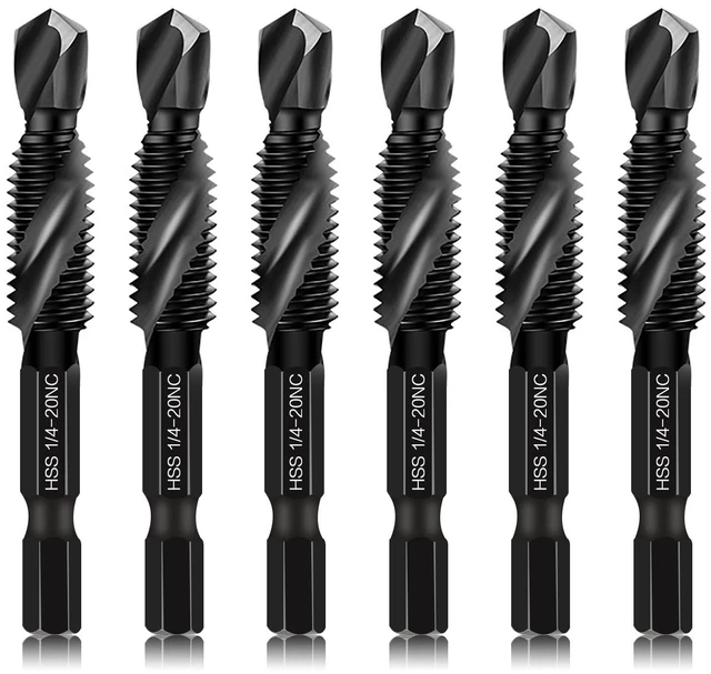 Main image of 6-Piece 1/4-20NC Combination Drill Tap Bit Set SAE, Made of High-Speed Steel with Anti-Rust Blackened Coating, Ideal for Soft Metal, Wood & Plastic, 1/4 UNC-20 Thread Size, 1/4 Hex Shank