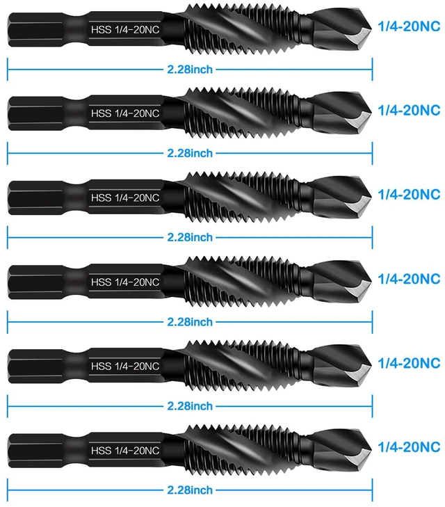 Alt view image 2 of 7 - 6-Piece 1/4-20NC Combination Drill Tap Bit Set SAE, Made of High-Speed Steel with Anti-Rust Blackened Coating, Ideal for Soft Metal, Wood & Plastic, 1/4 UNC-20 Thread Size, 1/4 Hex Shank