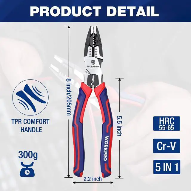 Alt view image 2 of 7 - 6-in-1 Linesman Pliers with Wire Cutter and Stripper, 8 Inch Multipurpose Combination Pliers, Premium CRV Steel Hand Tool Plier for Twisting Cutting Wires and Clamping Screws