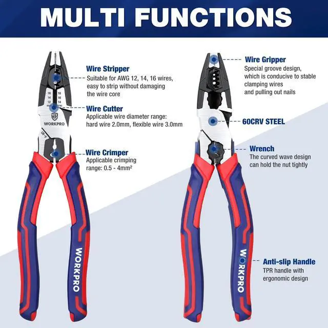 Alt view image 3 of 7 - 6-in-1 Linesman Pliers with Wire Cutter and Stripper, 8 Inch Multipurpose Combination Pliers, Premium CRV Steel Hand Tool Plier for Twisting Cutting Wires and Clamping Screws