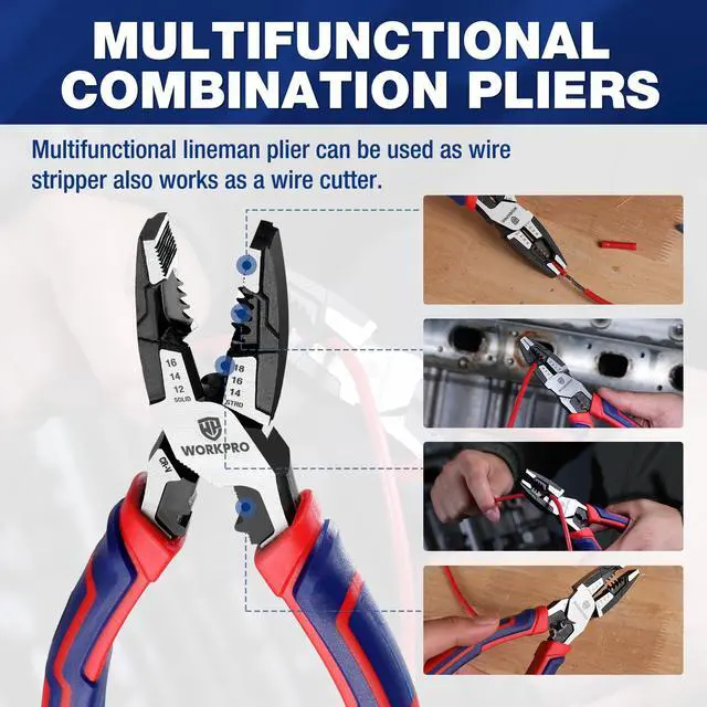Alt view image 4 of 7 - 6-in-1 Linesman Pliers with Wire Cutter and Stripper, 8 Inch Multipurpose Combination Pliers, Premium CRV Steel Hand Tool Plier for Twisting Cutting Wires and Clamping Screws