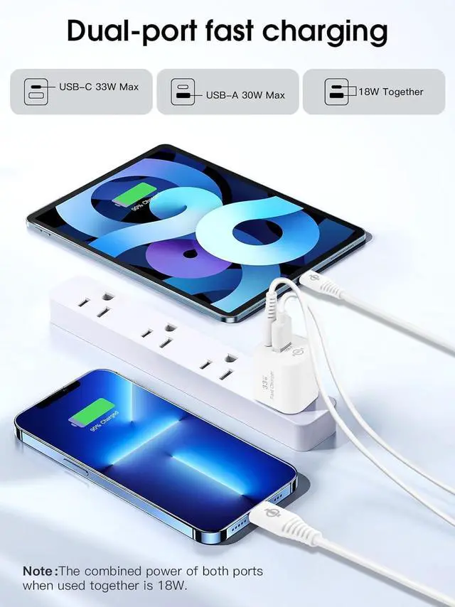 Alt view image 3 of 7 - 30W USB-C Wall Charger - Fast Charging Block, Dual Port 30 Watts USB-C & USB-A Power Adapter with Gan Tech for iPhone 16/15/Plus/Pro Max, Galaxy S24/S23, Pixel 9/8, iPad, AirPods & MacBook Air