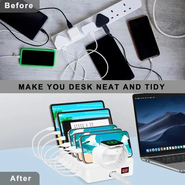 Alt view image 4 of 7 - 285W Charging Station for Multiple Devices, 10 Ports Fast Multi-Device Charger Organizer Compatible with MacBook Pro Laptop, iPhone, Android, Ipad, Tablet, Kindle, Multi-Device Charging DockBlue