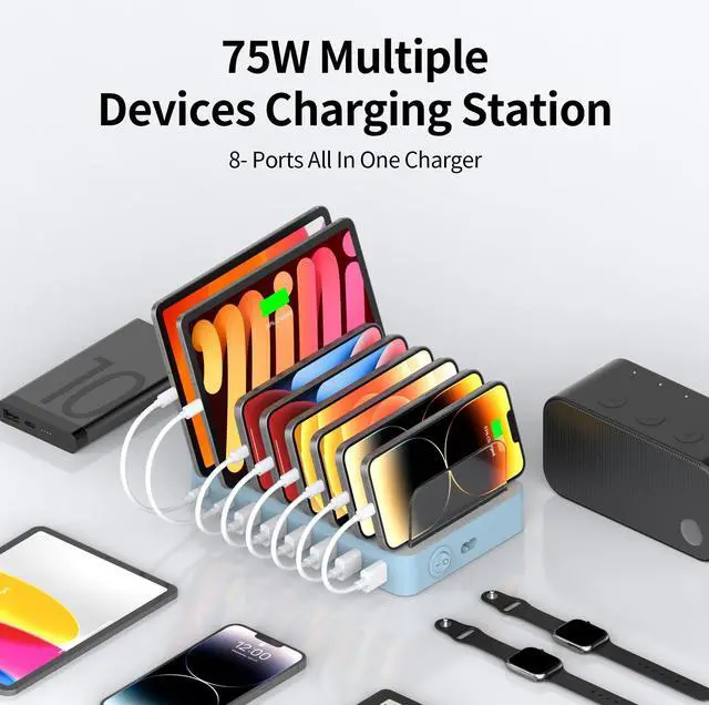 Alt view image 5 of 7 - USB Charging Station - 75W 8 Port Multi Charging Stand with 2 PD 20W Charging Dock for Multiple DevicesIpadTablets and More
