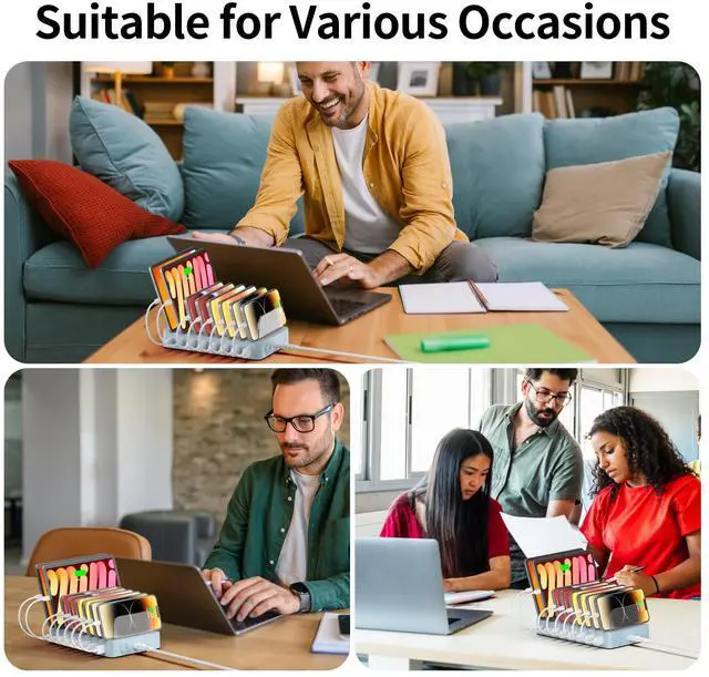 Alt view image 7 of 7 - USB Charging Station - 75W 8 Port Multi Charging Stand with 2 PD 20W Charging Dock for Multiple DevicesIpadTablets and More