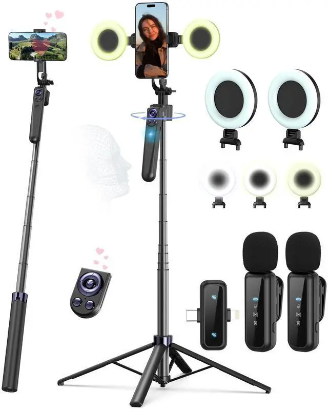 Main image of Vlogging Kit for iPhone/Android, 63Auto Face Tracking Tripod for iPhone with Light, Wireless Microphones, Scrolling Remote Control for TikTok, Content Creator Kit for YouTube Starter
