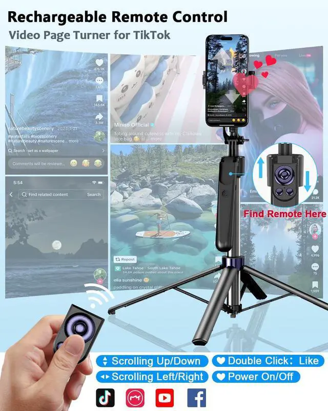 Alt view image 4 of 7 - Vlogging Kit for iPhone/Android, 63Auto Face Tracking Tripod for iPhone with Light, Wireless Microphones, Scrolling Remote Control for TikTok, Content Creator Kit for YouTube Starter