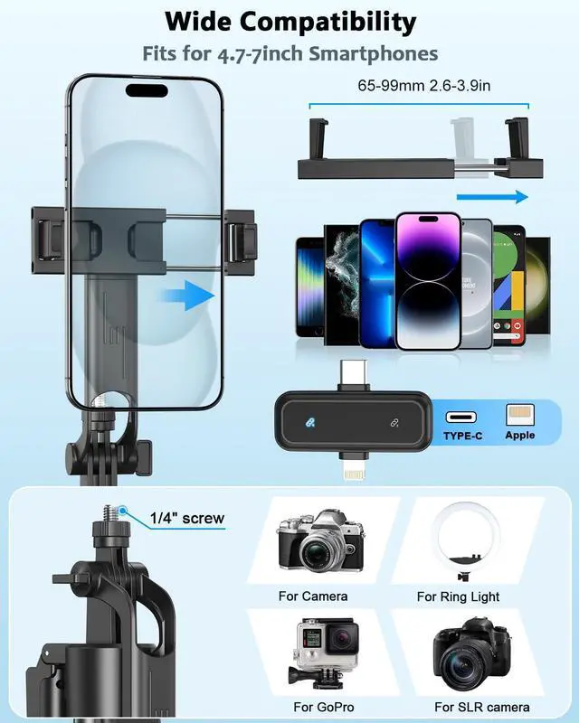 Alt view image 6 of 7 - Vlogging Kit for iPhone/Android, 63Auto Face Tracking Tripod for iPhone with Light, Wireless Microphones, Scrolling Remote Control for TikTok, Content Creator Kit for YouTube Starter