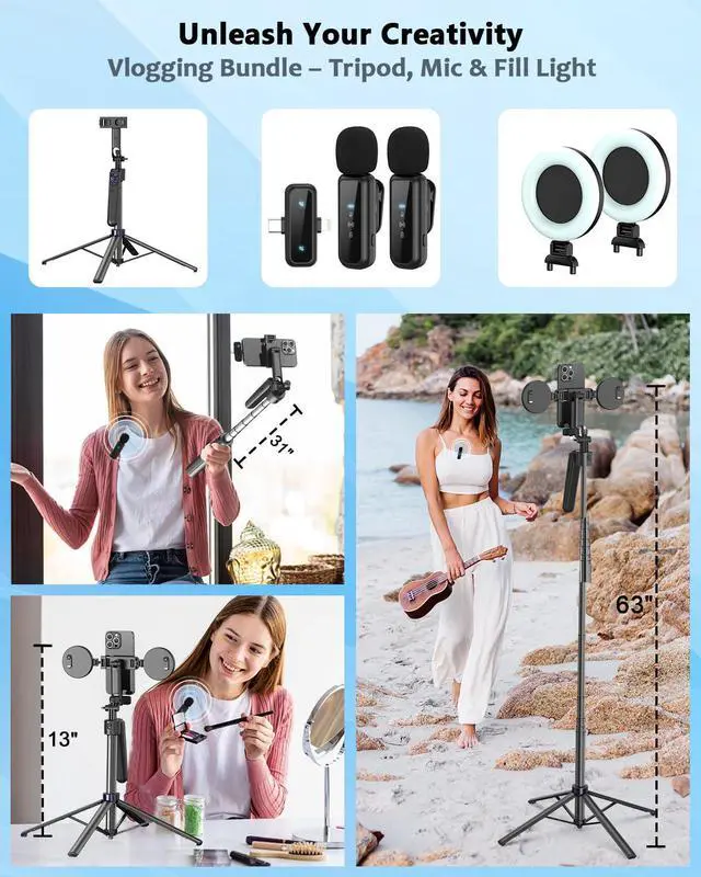 Alt view image 7 of 7 - Vlogging Kit for iPhone/Android, 63Auto Face Tracking Tripod for iPhone with Light, Wireless Microphones, Scrolling Remote Control for TikTok, Content Creator Kit for YouTube Starter
