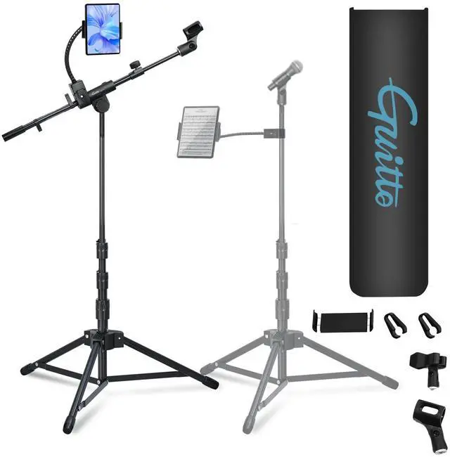 Main image of Microphone Floor Stand with Phone/Tablet Holder, Adjustable Boom Mic Stand with Heavy-Duty Base, Dual Device Mount for Streaming, Podcasting, Recording, and Live Performances GMS-04
