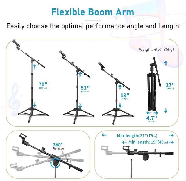 Alt view image 3 of 7 - Microphone Floor Stand with Phone/Tablet Holder, Adjustable Boom Mic Stand with Heavy-Duty Base, Dual Device Mount for Streaming, Podcasting, Recording, and Live Performances GMS-04