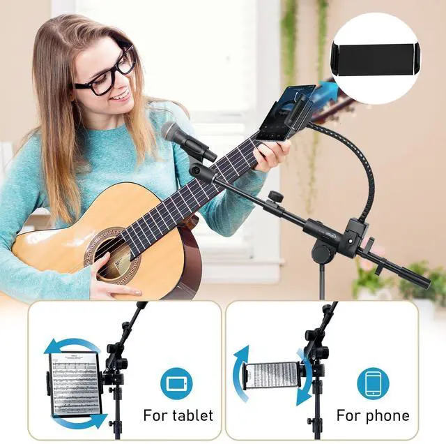 Alt view image 4 of 7 - Microphone Floor Stand with Phone/Tablet Holder, Adjustable Boom Mic Stand with Heavy-Duty Base, Dual Device Mount for Streaming, Podcasting, Recording, and Live Performances GMS-04