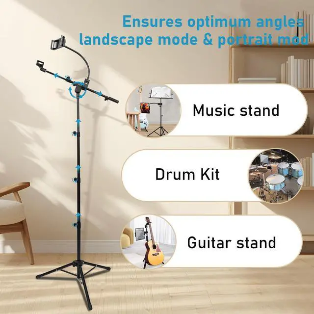 Alt view image 5 of 7 - Microphone Floor Stand with Phone/Tablet Holder, Adjustable Boom Mic Stand with Heavy-Duty Base, Dual Device Mount for Streaming, Podcasting, Recording, and Live Performances GMS-04