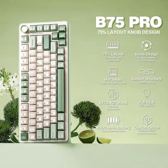 Alt view image 2 of 7 - B75 PRO Wireless Mechanical Keyboard,75% Layout with Knob,Hot Swap Gasket Structure,Creamy Pre-lubed Switches,RGB Backlit,Bluetooth/Type-C/2.4G for Win/Mac (Matcha Green, Milk Switch)