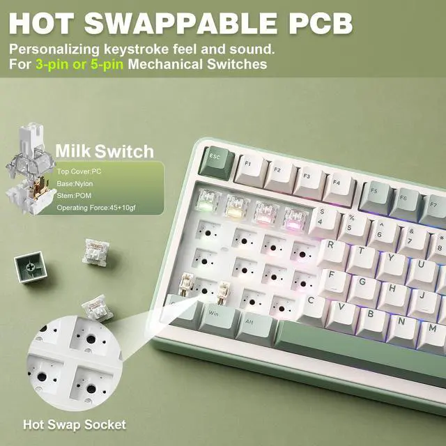 Alt view image 5 of 7 - B75 PRO Wireless Mechanical Keyboard,75% Layout with Knob,Hot Swap Gasket Structure,Creamy Pre-lubed Switches,RGB Backlit,Bluetooth/Type-C/2.4G for Win/Mac (Matcha Green, Milk Switch)