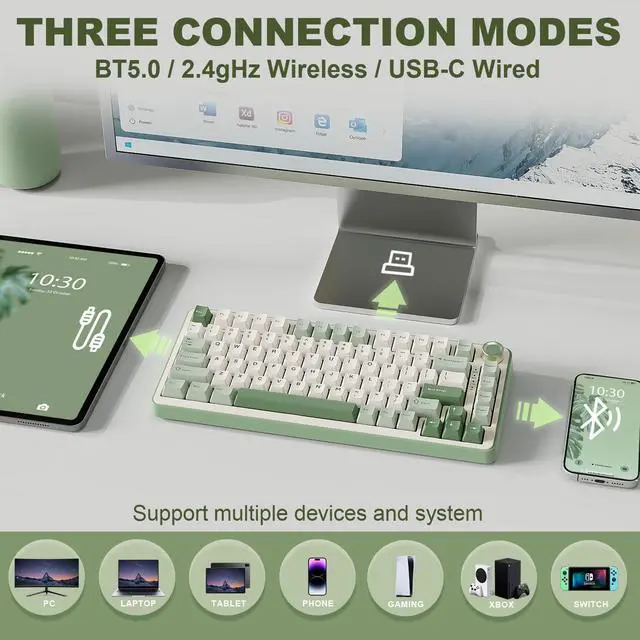 Alt view image 3 of 7 - B75 PRO Wireless Mechanical Keyboard,75% Layout with Knob,Hot Swap Gasket Structure,Creamy Pre-lubed Switches,RGB Backlit,Bluetooth/Type-C/2.4G for Win/Mac (Matcha Green, Milk Switch)