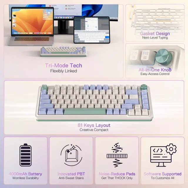 Alt view image 2 of 7 - K673 PRO 75% Wireless Gasket RGB Gaming Keyboard, 3-Modes 81 Keys Compact Mechanical Keyboard w/Hot-Swap Socket, Dedicated Knob Control & Sound Absorbing Pads, Linear Red Switch