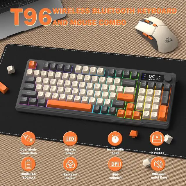 Alt view image 2 of 7 - T96 Smart Display Wireless Gaming Keyboard and Mouse Comb, 94Key LED Lighting Rechargeable Silent Membrane Keyboard with Knobs, 2000mAh Battery, 6-Button 4KDPI Mouse for Win/Mac(Glimmer)