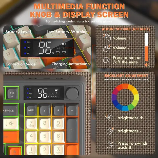 Alt view image 5 of 7 - T96 Smart Display Wireless Gaming Keyboard and Mouse Comb, 94Key LED Lighting Rechargeable Silent Membrane Keyboard with Knobs, 2000mAh Battery, 6-Button 4KDPI Mouse for Win/Mac(Glimmer)