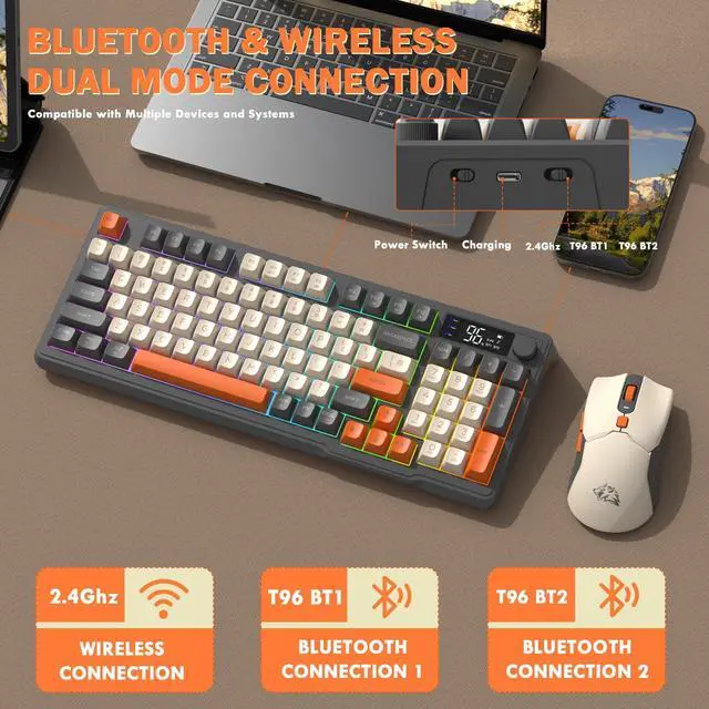Alt view image 3 of 7 - T96 Smart Display Wireless Gaming Keyboard and Mouse Comb, 94Key LED Lighting Rechargeable Silent Membrane Keyboard with Knobs, 2000mAh Battery, 6-Button 4KDPI Mouse for Win/Mac(Glimmer)