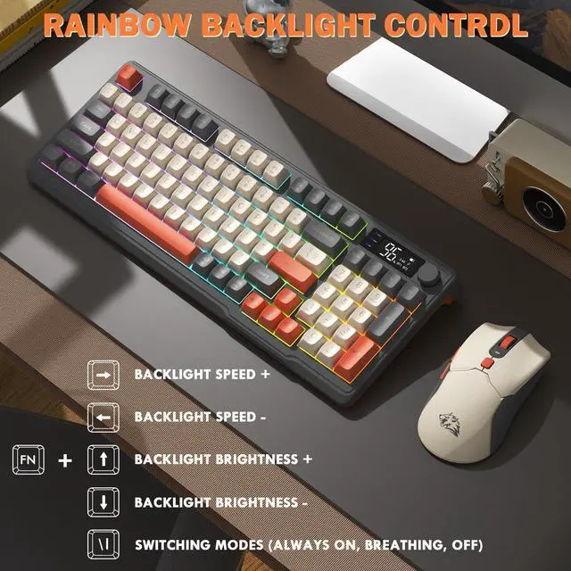 Alt view image 4 of 7 - T96 Smart Display Wireless Gaming Keyboard and Mouse Comb, 94Key LED Lighting Rechargeable Silent Membrane Keyboard with Knobs, 2000mAh Battery, 6-Button 4KDPI Mouse for Win/Mac(Glimmer)