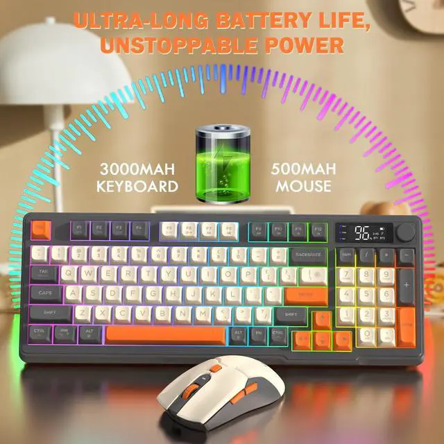 Alt view image 6 of 7 - T96 Smart Display Wireless Gaming Keyboard and Mouse Comb, 94Key LED Lighting Rechargeable Silent Membrane Keyboard with Knobs, 2000mAh Battery, 6-Button 4KDPI Mouse for Win/Mac(Glimmer)