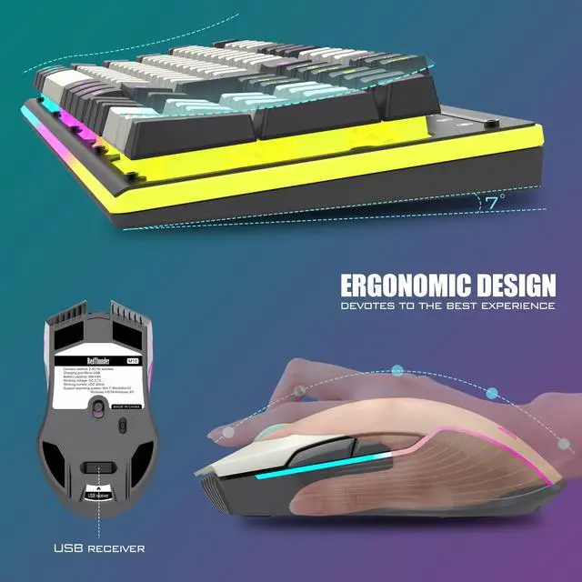 Alt view image 5 of 7 - K10 Wireless Gaming Keyboard and Mouse Combo, LED Backlit Rechargeable 3800mAh Battery, Mechanical Feel Anti-ghosting Keyboard + 7D 3200DPI Mice for PC Gamer (White-Gray)