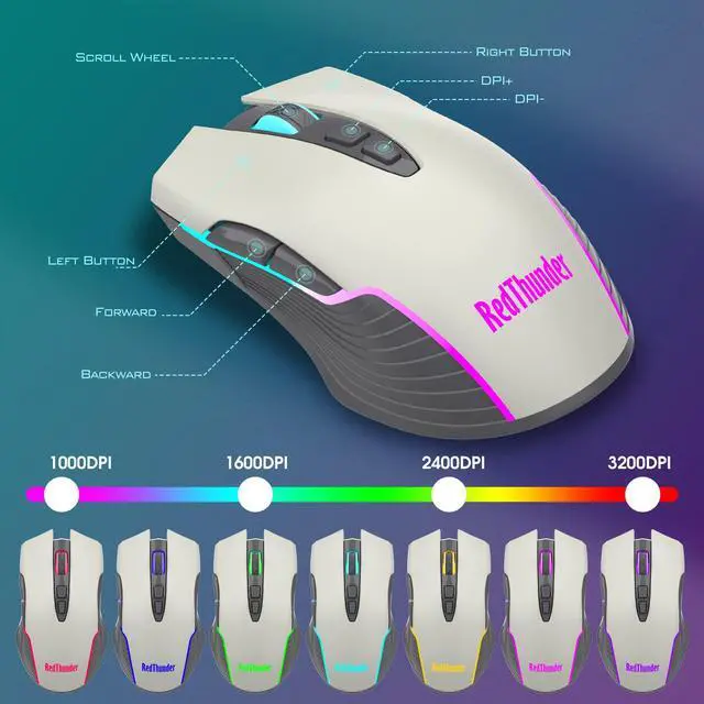 Alt view image 6 of 7 - K10 Wireless Gaming Keyboard and Mouse Combo, LED Backlit Rechargeable 3800mAh Battery, Mechanical Feel Anti-ghosting Keyboard + 7D 3200DPI Mice for PC Gamer (White-Gray)