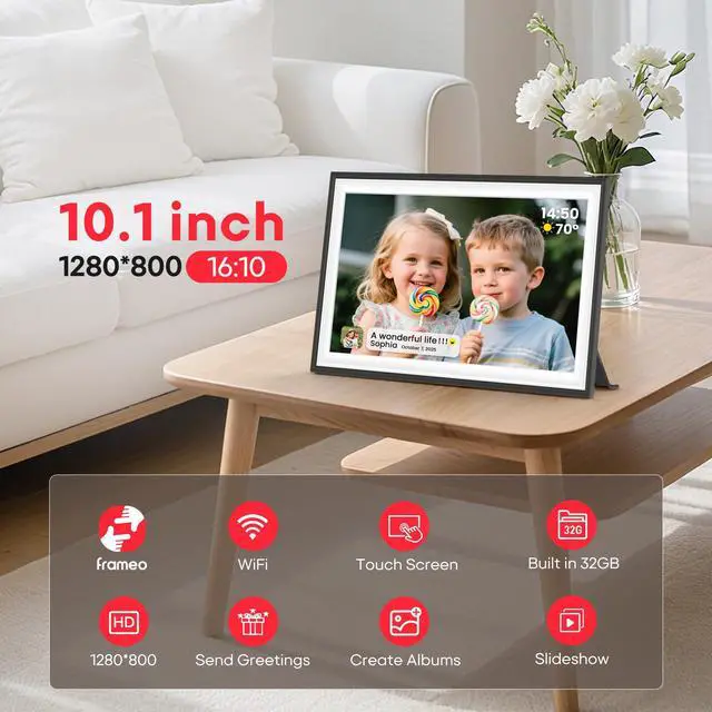 Alt view image 7 of 7 - 10.1" WiFi Digital Picture Frame with 32GB Memory, 1280 x 800 IPS HD Touch Screen Electronic Photo Frame, Auto-Rotate, Slideshow, Wall Mountable, Share Photos/Video Remotely Anywhere