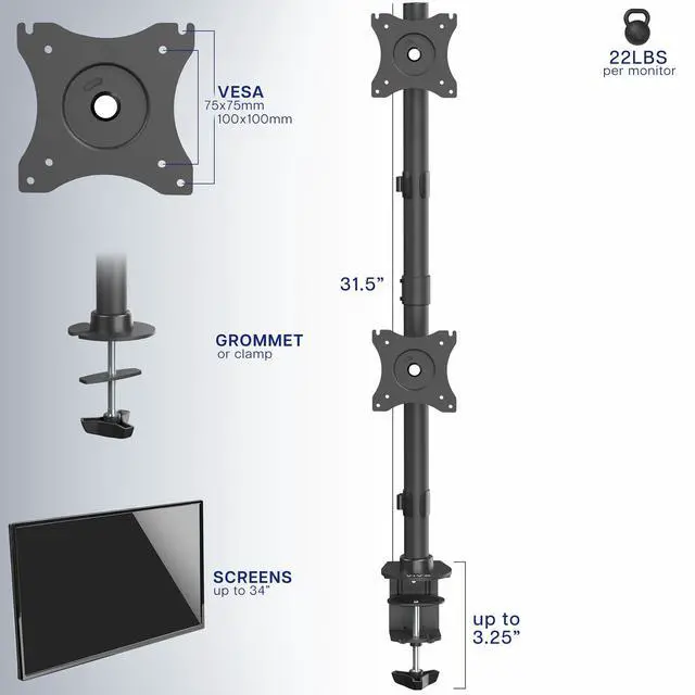 Alt view image 3 of 7 - Dual Monitor Desk Mount Stand with Height Adjustment and VESA Plates for 2 LCD Ultrawide Screens up to 34 inches, Stacked Array, STAND-V002R