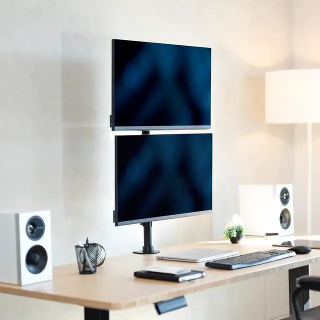 Alt view image 2 of 7 - Dual Monitor Desk Mount Stand with Height Adjustment and VESA Plates for 2 LCD Ultrawide Screens up to 34 inches, Stacked Array, STAND-V002R