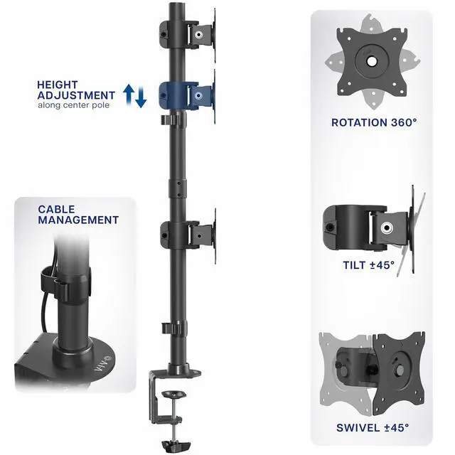 Alt view image 5 of 7 - Dual Monitor Desk Mount Stand with Height Adjustment and VESA Plates for 2 LCD Ultrawide Screens up to 34 inches, Stacked Array, STAND-V002R