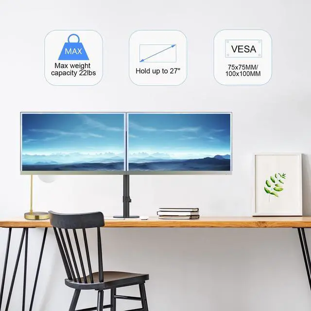 Alt view image 2 of 7 - Dual Monitor Desk Mount, Adjustable Dual Monitor Arm for 2 Computer Screens up to 27 inch, Dual Gas Spring Monitor Arm, Holds up to 22 lbs Each, VESA 75x75/100x100 mm, Black (MD9442)