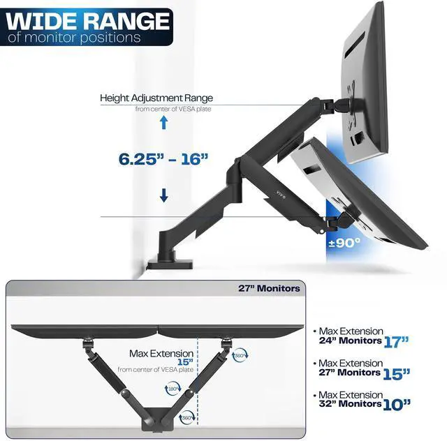 Alt view image 4 of 7 - Dual Monitor up to 32 inches and 19.8 lbs per Screen, Pneumatic Arm Desk Mount, Articulating Counterbalance, VESA Stand, Classic, STAND-V002O