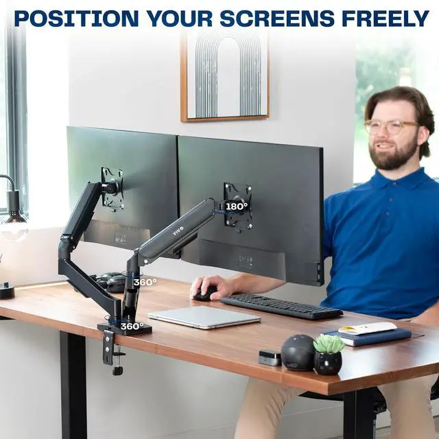 Alt view image 5 of 7 - Dual Monitor up to 32 inches and 19.8 lbs per Screen, Pneumatic Arm Desk Mount, Articulating Counterbalance, VESA Stand, Classic, STAND-V002O