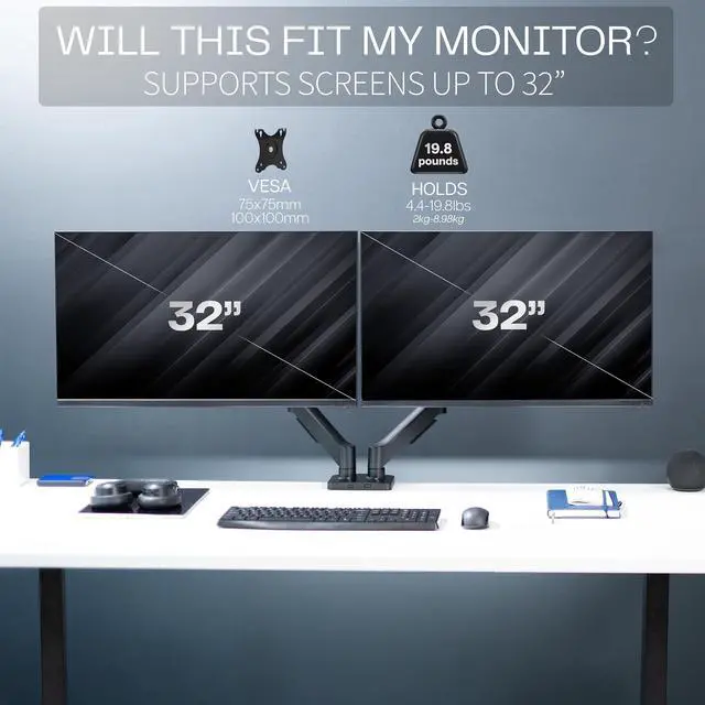 Alt view image 6 of 7 - Dual Monitor up to 32 inches and 19.8 lbs per Screen, Pneumatic Arm Desk Mount, Articulating Counterbalance, VESA Stand, Classic, STAND-V002O