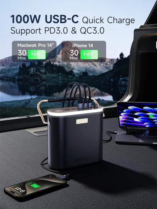 Alt view image 4 of 7 - 80,000mAh Power Bank 130W Portable Power Station with Digital Display, Lighting, USB C 5-Port Support Solar