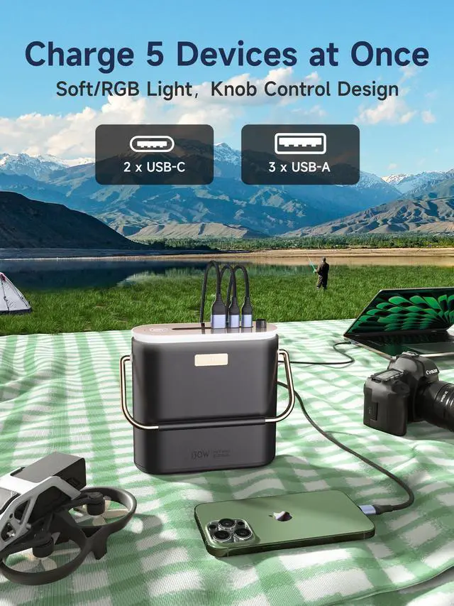 Alt view image 5 of 7 - 80,000mAh Power Bank 130W Portable Power Station with Digital Display, Lighting, USB C 5-Port Support Solar