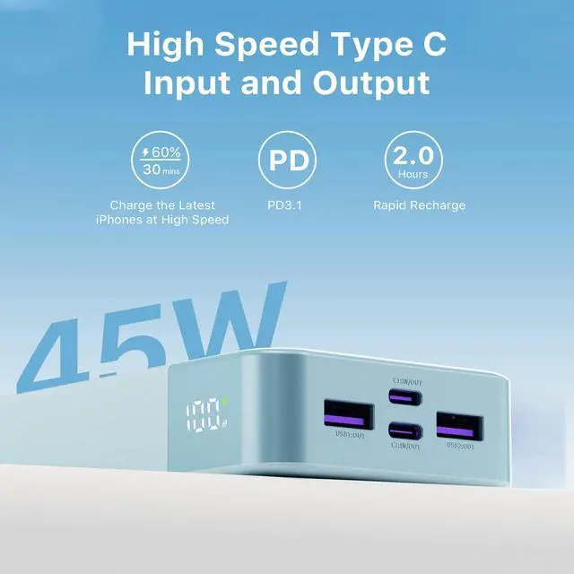 Alt view image 4 of 6 - J2621 Power Bank Portable Charger,20000mAh 45W PD3.0 QC 4.0 Fast Charging Battery Pack with LED Display,2 USB-C,2 USB-A for iPhone Tablet MacBook