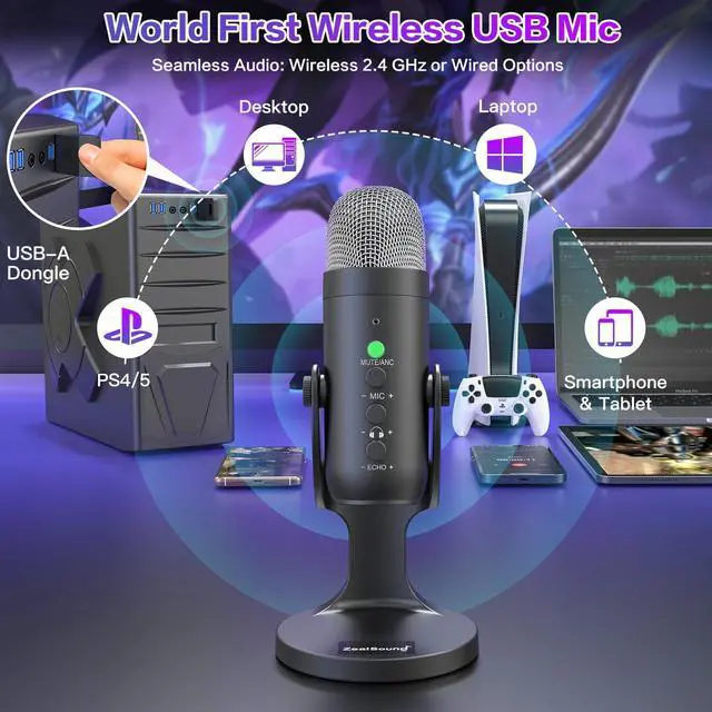 Alt view image 2 of 7 - Wireless Microphone,USB Mic for iPhone PC iPad Android Phone-Cordless Condenser Desktop Microphones with Mute Echo Monitor Volume Gain 2.4GHz for Podcast,ASMR,Gaming,YouTube Video/K66 Black