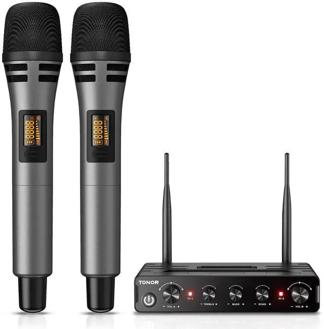 Main image of Wireless Microphone Systems, Dual UHF Cordless Karaoke Microphone Set, Handheld Dynamic Microfono for Singing with Receiver for Home Karaoke, Party, Church, DJ, Wedding, Speech 200ft TW350 Grey