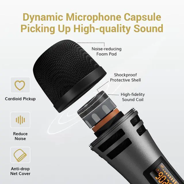 Alt view image 5 of 7 - Wireless Microphone Systems, Dual UHF Cordless Karaoke Microphone Set, Handheld Dynamic Microfono for Singing with Receiver for Home Karaoke, Party, Church, DJ, Wedding, Speech 200ft TW350 Grey