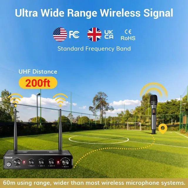 Alt view image 2 of 7 - Wireless Microphone Systems, Dual UHF Cordless Karaoke Microphone Set, Handheld Dynamic Microfono for Singing with Receiver for Home Karaoke, Party, Church, DJ, Wedding, Speech 200ft TW350 Grey