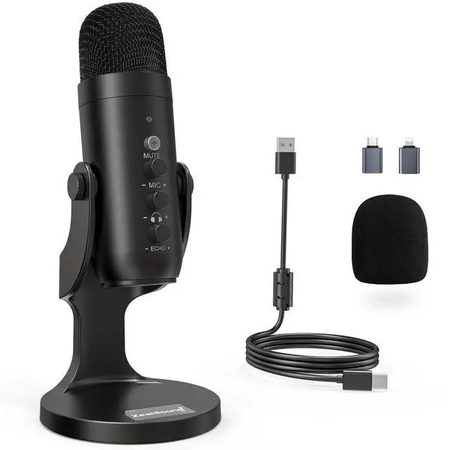 Main image of Podcast Microphone for PC, Noise Cancellation USB Mic with Gain, Volume Adjustment & Mute Button, Monitoring & Echo, for YouTube, TikTok, Podcasting, Streaming, iPhone, iPad, Android, Mac