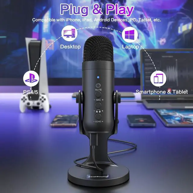 Alt view image 2 of 7 - Podcast Microphone for PC, Noise Cancellation USB Mic with Gain, Volume Adjustment & Mute Button, Monitoring & Echo, for YouTube, TikTok, Podcasting, Streaming, iPhone, iPad, Android, Mac
