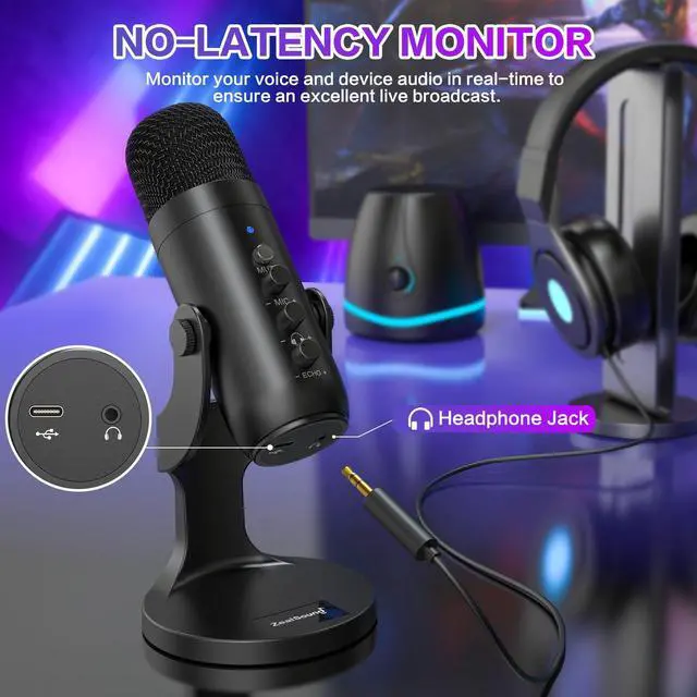 Alt view image 5 of 7 - Podcast Microphone for PC, Noise Cancellation USB Mic with Gain, Volume Adjustment & Mute Button, Monitoring & Echo, for YouTube, TikTok, Podcasting, Streaming, iPhone, iPad, Android, Mac