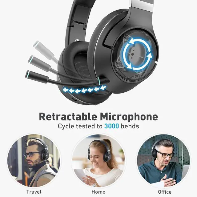 Alt view image 4 of 6 - H300 Wireless Headphones Bluetooth with Microphone, Over Ear Headsets with USB Dongle & Mute, Environmental Noise Cancelling Retractable Mic for Work Office Meeting Laptop Computer (Black)